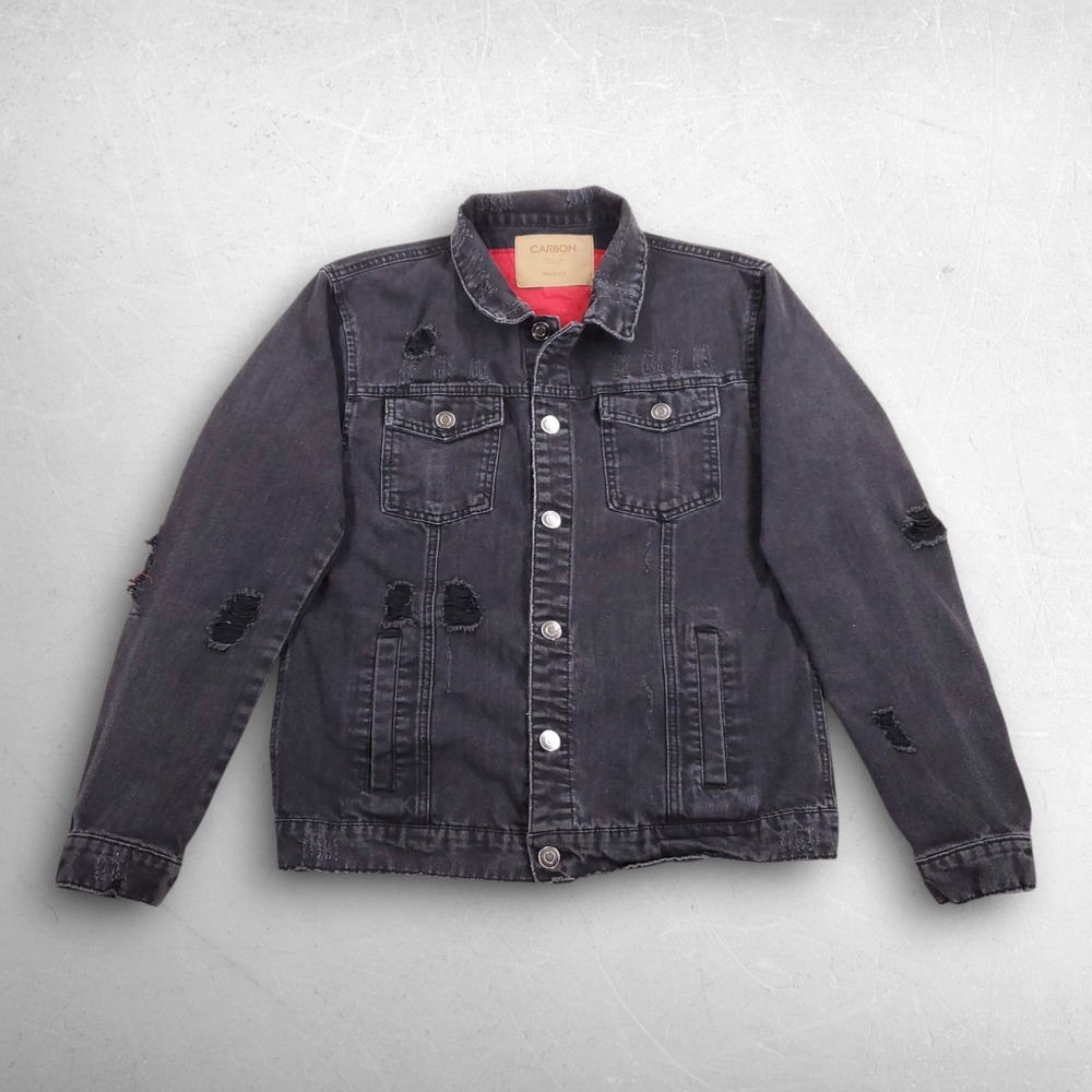 Carbon Distressed Denim Jacket Men M Black Streetwear Grunge Cyberpunk Biker